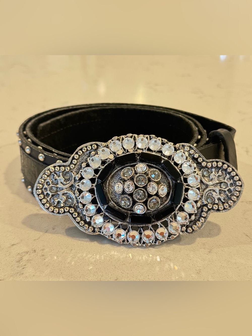 Vintage Leatherrock Studded Black Leather Belt Crystal Buckle Size 36